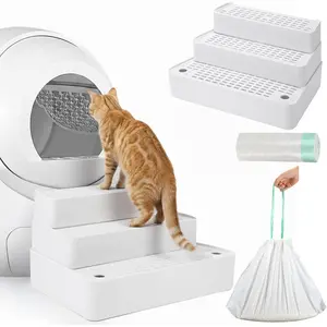 Vesici Adjustable 3 Steps Litter Box Ramp with 20 Waste Bags Pet Steps for Cats with Filter Function Non Slip Cat Litter Stair for Automatic Box Small Elder cat (White)