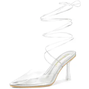 BLISSFUL STEP Clear Heels Lace Up Strappy Stiletto Heel Sandals