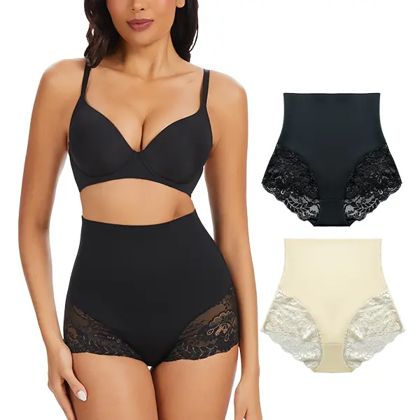 LILYLOVE High Waisted Tummy Control 2-Pack Panties for Women - Seamless Lace Butt Lifter Underwear - Invisible Hourglass Body Shaper Briefs - Soft Breathable Everyday Slimming Shaping Underwear shapewear sculpt