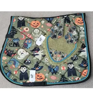 Halloween Pumpkin Tack Horse English All purpose Saddle pad with matching Ear Bonnet Net Mask