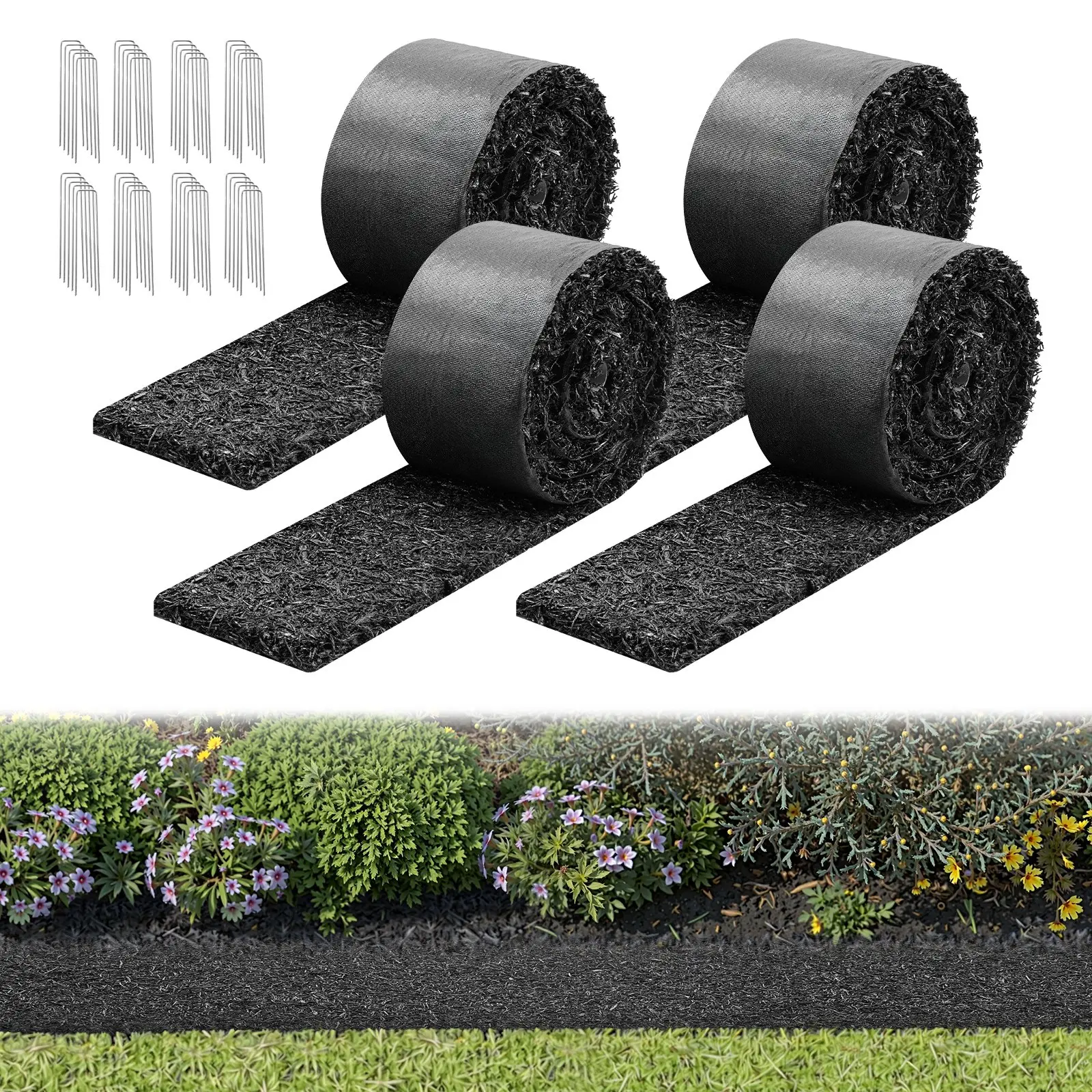 VEVOR Rubber Mulch Mat Roll, 4 Rolls 120 x 4.5 in, Recycled Rubber Permanent Mulch Edging Border, Natural-Looking Flower Barrier with Stakes, 0.5 in Thick Cuttable Garden Edgings for Landscaping Orchard Yard