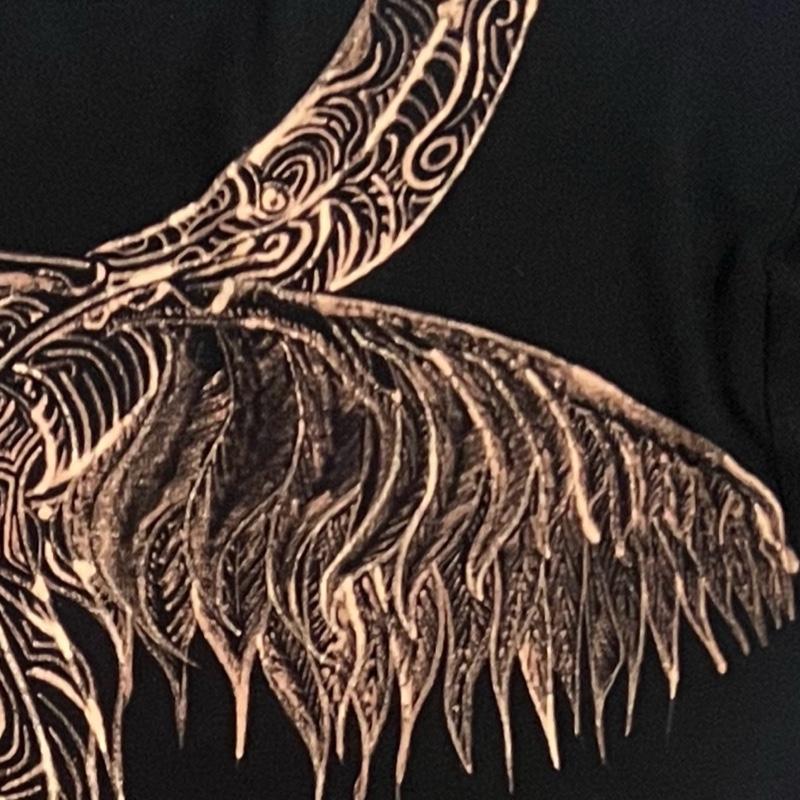 Women's  Short sleeve XL T-shirt Dress with Flying Serpent Design Hand Drawn with Bleach Artwork on Black dress with pockets