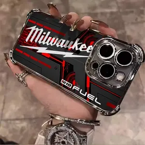 Milwaukee M18 Fuel Black And Red Style Pattern Electroplated TPU Casing For Iphone 16 15 14 13 12 11 PRO PLUS MAX Four Corners Anti-Fall Protection Transparent Soft Silicone Phone Cases, Cover 153-07