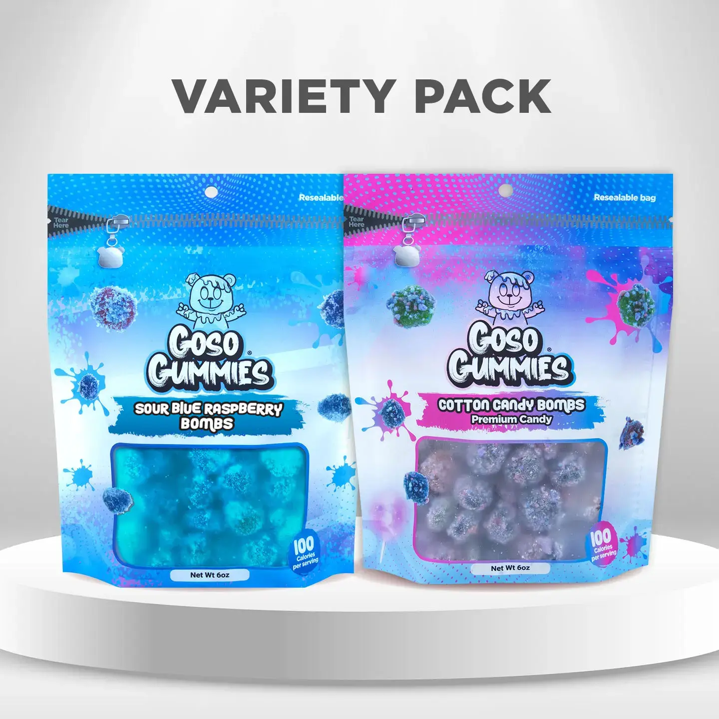 Goso Gummies Sour Blue Raspberry Gusher Bombs 6oz + Cotton Candy Gusher Bombs 6oz - Viral Gushers 12oz Duo Pack- Chewy Snack Sweet Sour