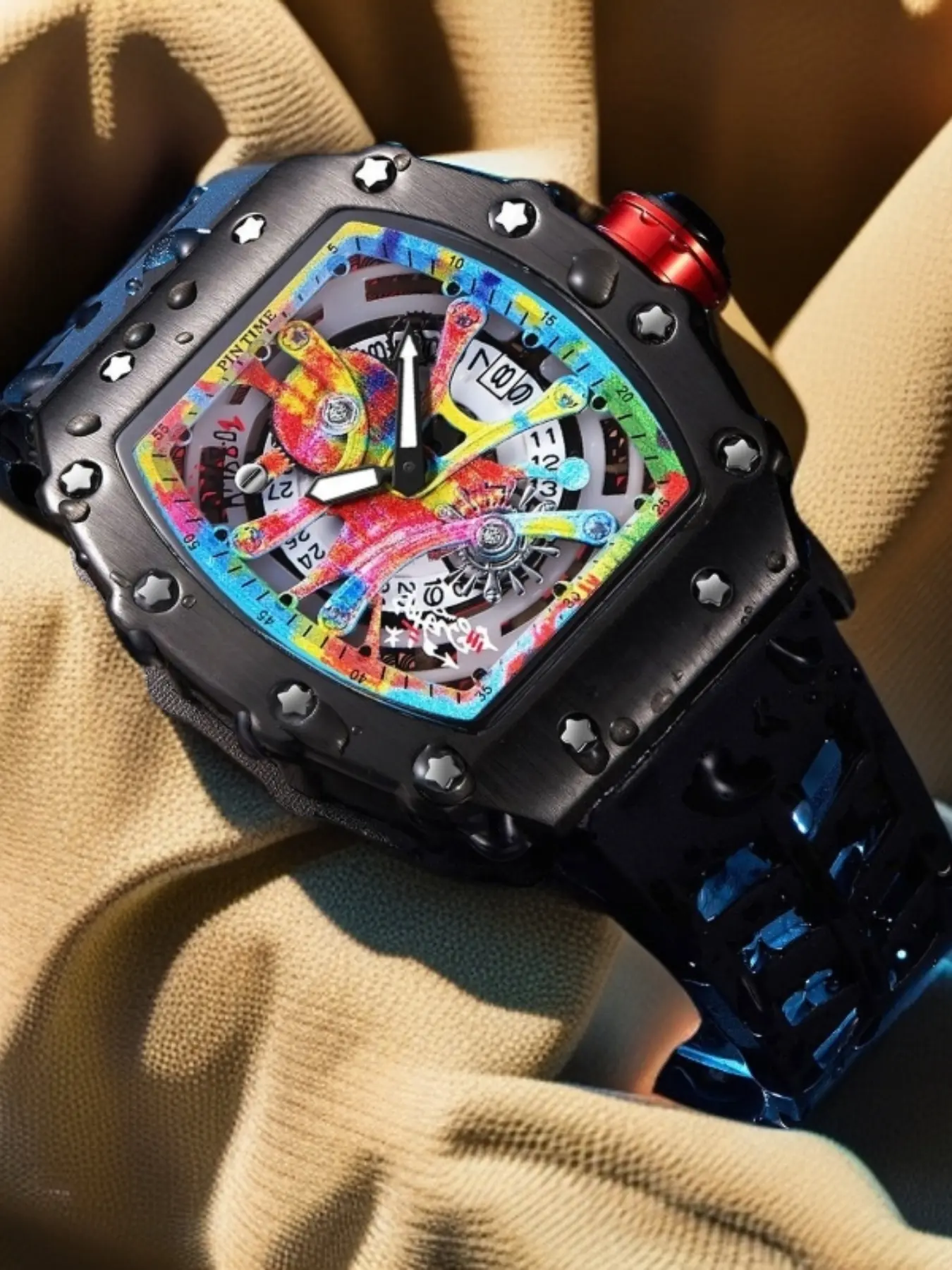 Men's Quartz Wristwatch, Fashionable Wristwatch, Barrel Shape Mechanical Style Colorful Graffiti Cut-Out Trendy Calendar Waterproof Zinc Alloy Case Stylish Quartz Analog Watch, Quartz Wrist Watches