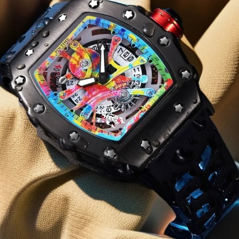 Men's Quartz Wristwatch, Fashionable Wristwatch, Barrel Shape Mechanical Style Colorful Graffiti Cut-Out Trendy Calendar Waterproof Zinc Alloy Case Stylish Quartz Analog Watch, Quartz Wrist Watches