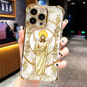 Jesus Religious Christian Art Design Phone Case,Electroplated Cover with Airbag Shockproof Soft TPU Cover for iPhone X 11 12 13 14 15 16 17 Pro Max Plus Air God Dios
