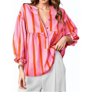 Womens  Fashion 3/4 Length Sleeve Casual Babydoll Top V Neck Striped Blouses Loose Fit Flowy Button Down Shirts