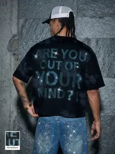 Men's Y2K Rhinestone Graphic Oversized T-Shirt | Lightweight Breathable Polyester, "Are You Out Of Your Mind?" Tie-Dye Rhinestone Print, Trendy Streetwear, Quick-Dry Athletic Fabric, Ideal for Night Out, Daily Wear, Urban Outings & Edgy Street Style