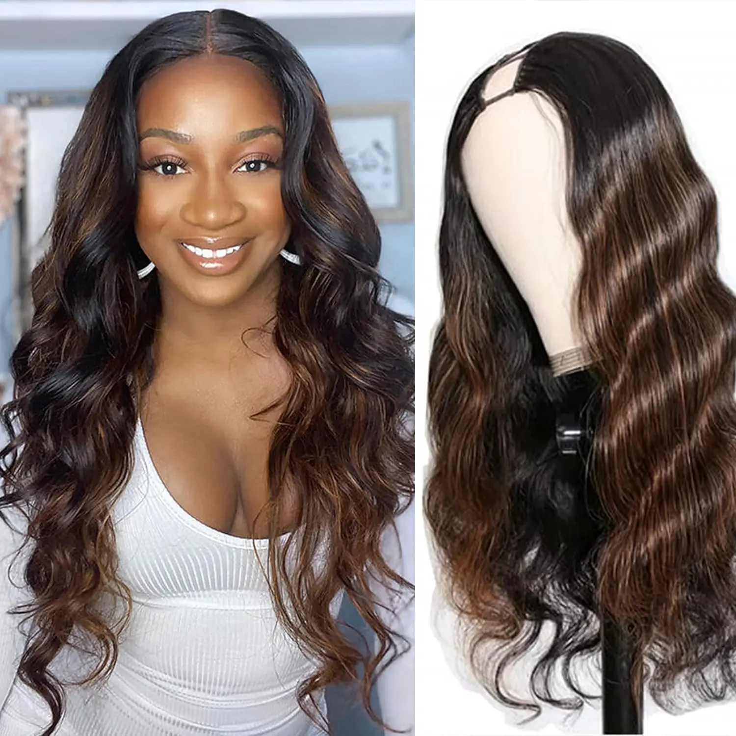 V Part Wig Body Wave 1B/30 Color Wear and Go Wigs for Women 24 Inch Synthetic Black Glueless Wig No Sew In