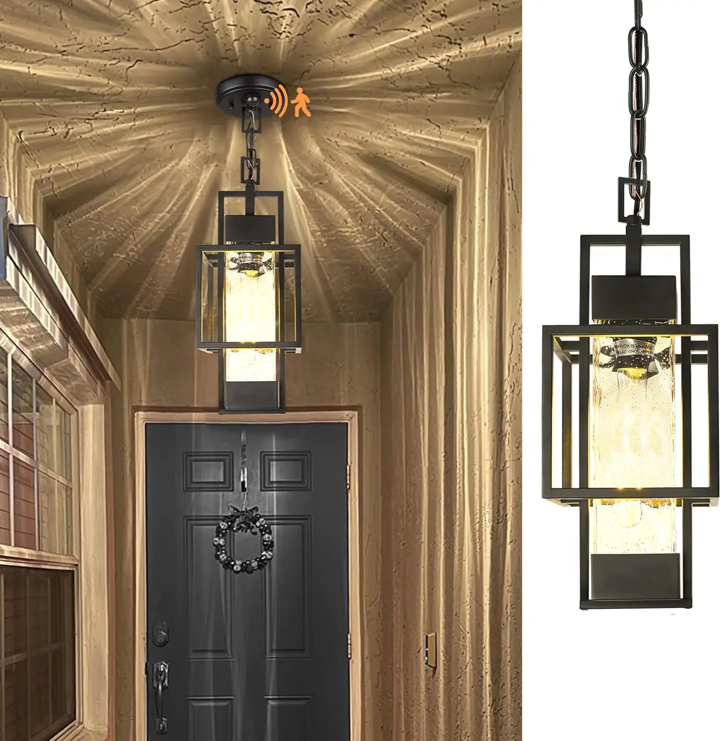 Motion Sensor 15" Outdoor Pendant Light Exterior Hanging Lantern, Modern Black Metal Outside Chandelier Light Fixture Ceiling Mount with Water Glass for Front Porch Entrance Foyer Entryway