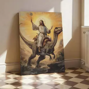 Jesus Riding a Dinosaur Oil Painting, Framed Wood Frame-Style Wall Art, Artistic Modern Home Decoration for Living Room, Religious Theme Gift for Home Supplies
