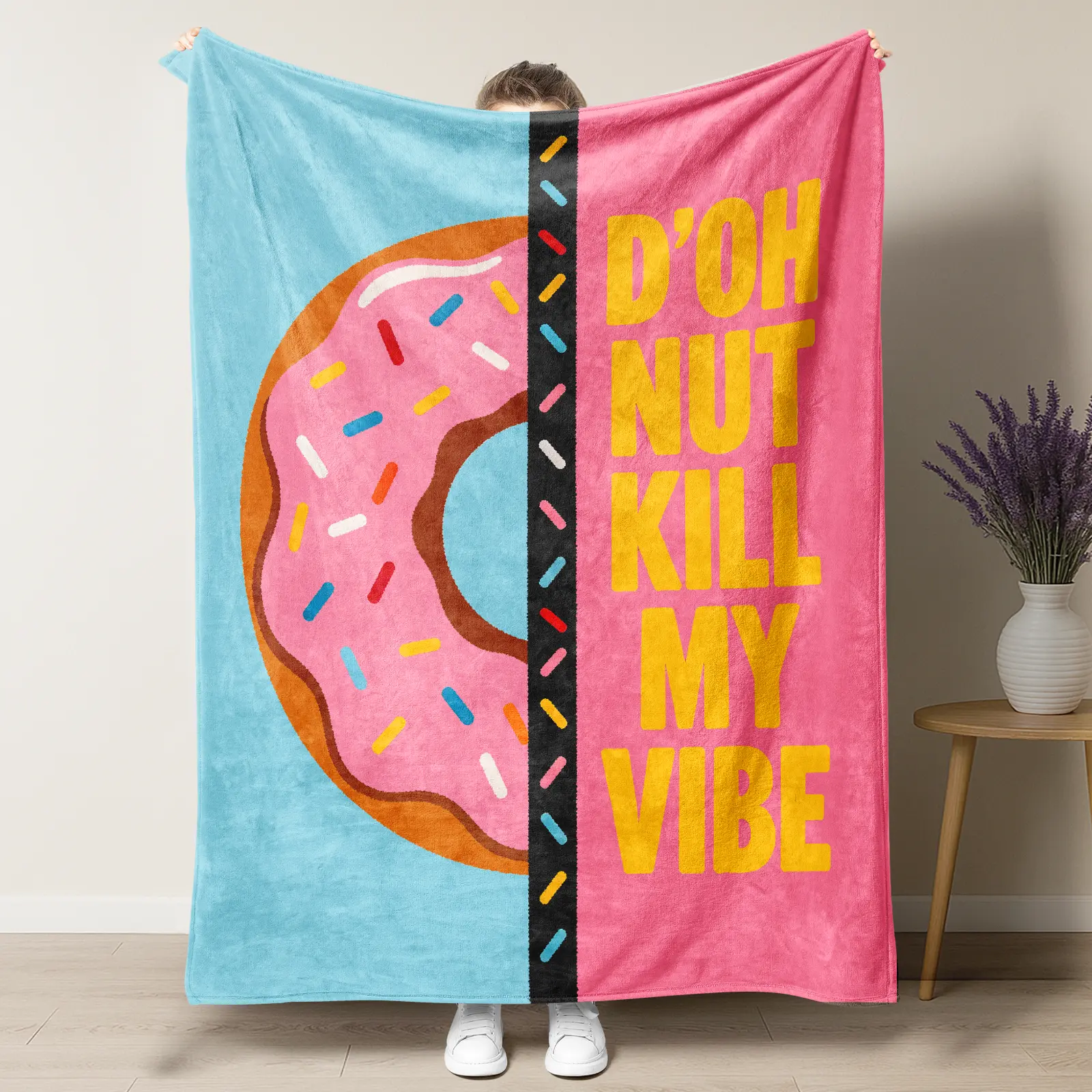 D'ohnut Kill My Vibe Donut Throw Lightweight Blanket,Blue & Pink Split Color Sprinkle Donut Flannel Blanket,Funny Simpsonsss-Inspired Summer Blanket,summervibes