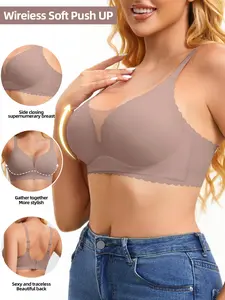 Women's Deep V Neck Wireless Seamless Bra, Elegant Minimalist Plain Design, Medium Support, Buckleless Lining, All Seasons Wear, Comfortable Daily Use