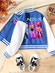 Girls Halloween Christmas Baseball Jacket, Short Casual Sports School Uniform, Cartoon Girl Design, Elastic Fabric, Youth Outerwear, Teen Titans Jackets, Loose Fit Jacket