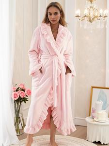 women's elegant long sleeve bathrobe, french terry warm robe with pockets, fall & winter thick fitted homewear