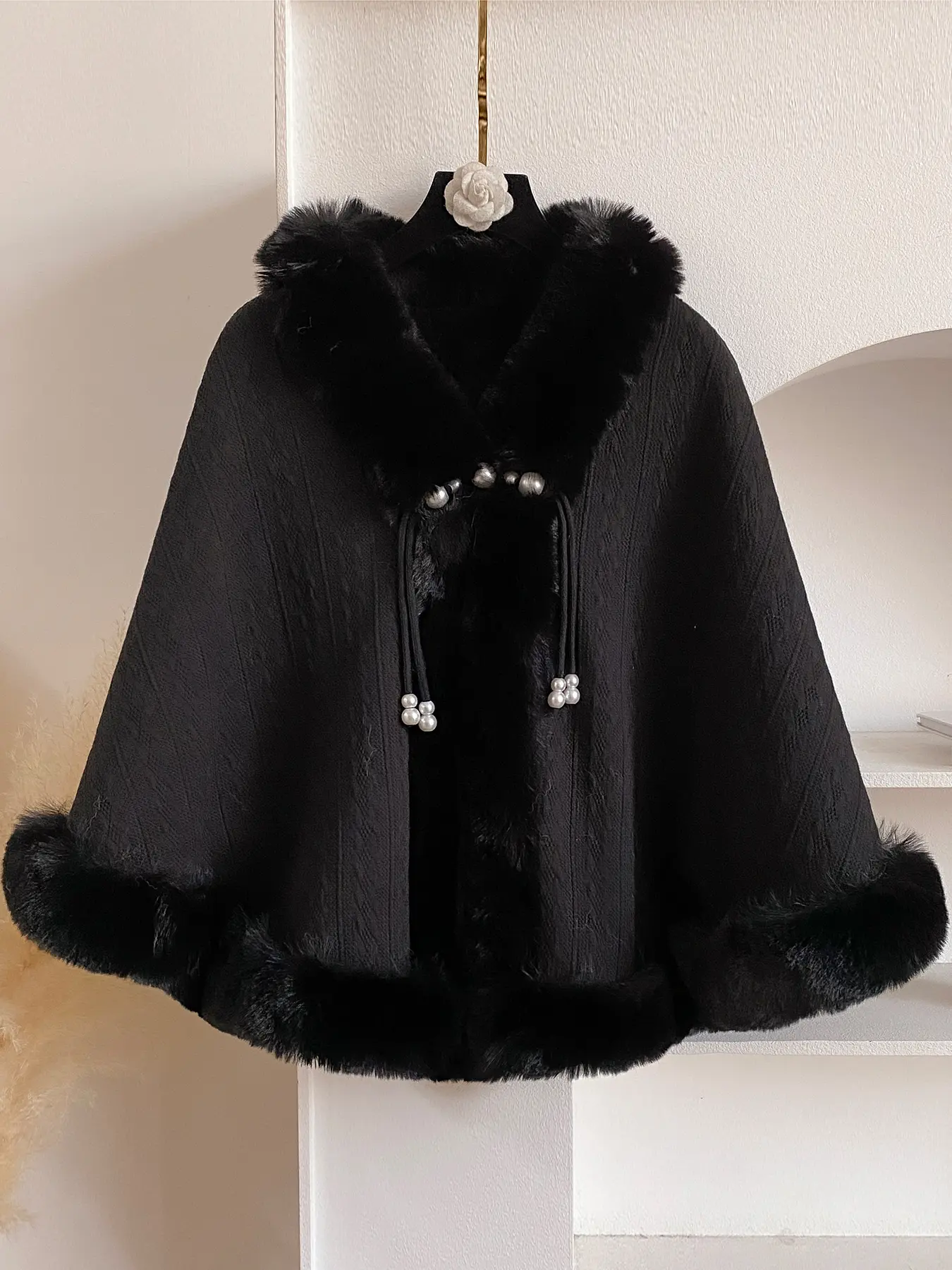 Women's Pearl Decorated Belted Coat with Faux Fur Hem, Everyday Casual Elegant Multifunctional Cape Shawl for Fall/winter, Warm and Comfortable