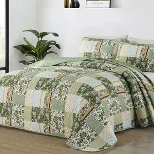 Quilt Set Full Size Green, 3 count Patchwork Plaid Bedspread Coverlet Set, Floral Soft Microfiber  Set for  Season(78"x90")