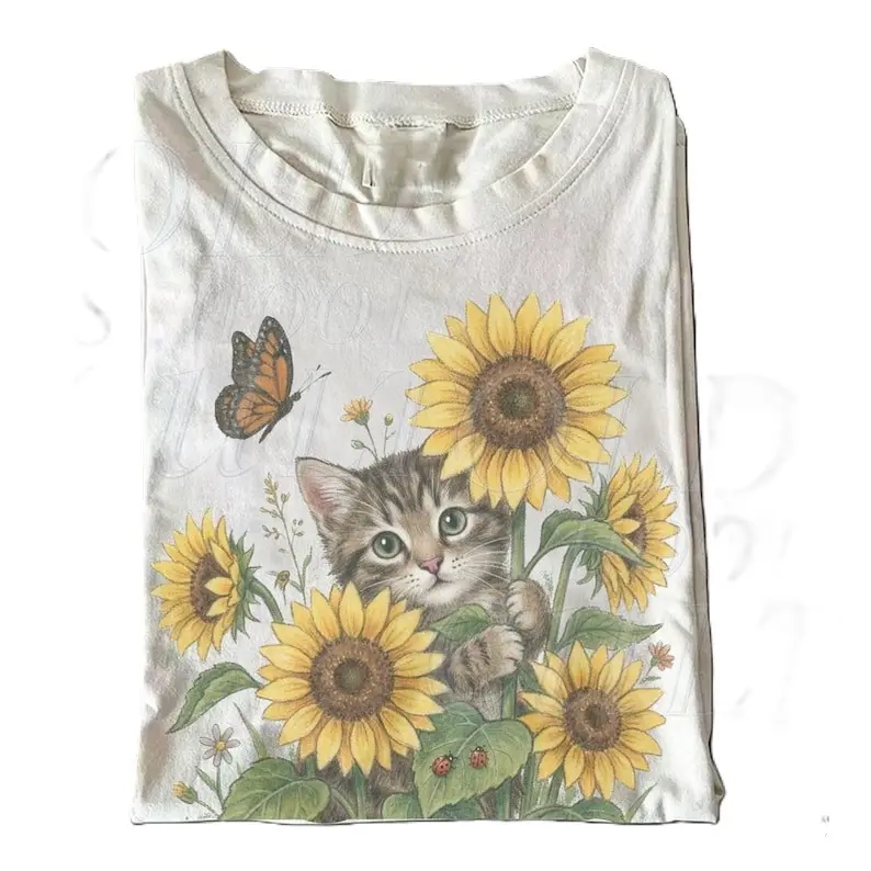Vintage Sunflower Kitten 90s Graphic Tshirt, Retro Cottagecore Cat Unisex Shirt
