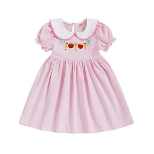 Toddler Girl Back to School Dress Embroidery Short Sleeve Smocked Dress First Day of Preschool Kindergarten Outfit