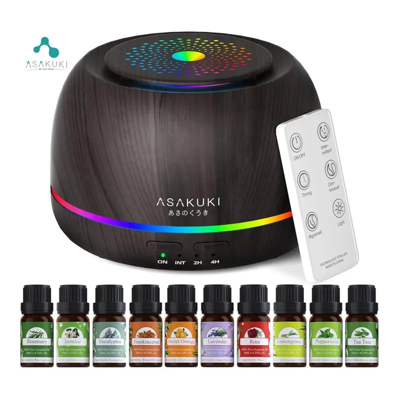 ASAKUKI Essential Oil Diffuser+10 Oil Set for Home&Office, Fragrance Aroma Humidifier, Night Light, Auto-Off Remote Control Freshener - 300ML Woody Flower Scented Perfume White Fall Home Decor