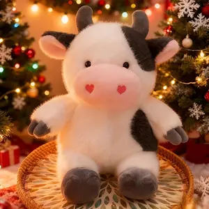 Large Kawaii Cow Plush - 23cm/9.05in Soft Cuddly Stuffed Animal with Fluffy Cow Body, Christmas Birthday Gift for &, Decor, Bedtime Companion, Cozy Home Decorations ()