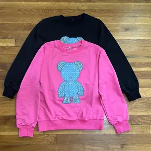 Lady's Casual Pullover Tops, Pink and Black Sweatshirt with Blue Bear Design on Front, Simple Style