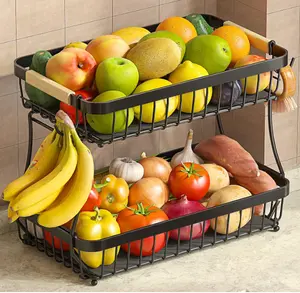 2 Tier Large Fruit Basket for Kitchen Counter with 2 Mobile Banana Hangers, 2025 Pro Detachable Metal Fruit Bowl with Wooden Handle, Fruit Holder for Bread Snack Veggies with Protective Mats