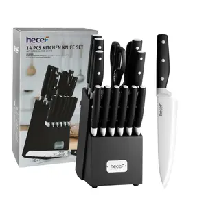 Hecef 14 Pcs Kitchen Knife Block Set, High Carbon Stainless Steel Cutlery Set with 6 Steak Knives,Comfort Grip,  Black,Gray,Pink,Yellow