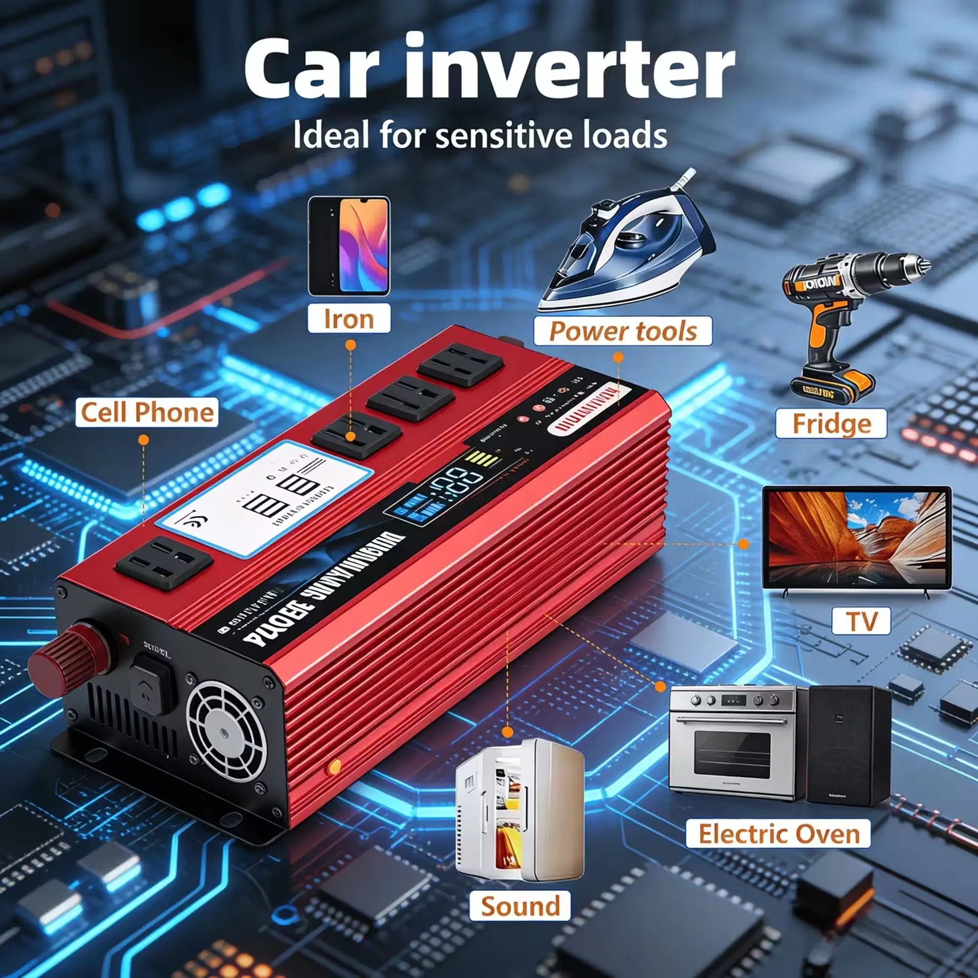 1000W Portable Power Inverter - DC12V to AC120V, LCD Display, 3 US Sockets, 4 USB Ports, Off-Grid Mini Power Station, Versatile Charging Hub for Household Use & Car Emergencies