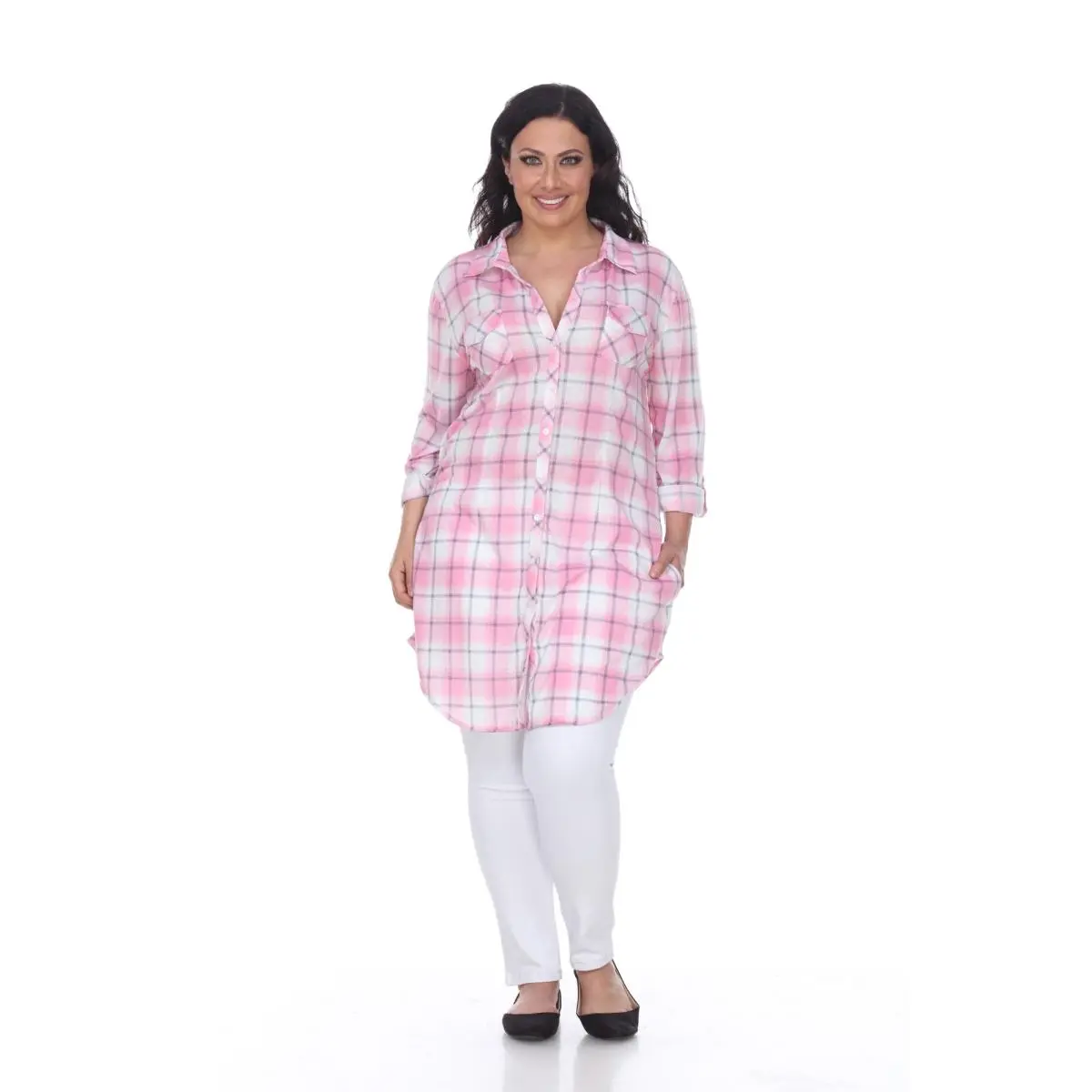 White Mark PS17556-03-1XL Plus Piper Stretchy Plaid Tunic, 03 - Pink & White - 1Extra Large, Tunic Tunics