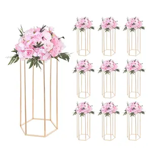 VEVOR Wedding Flower Stand, 10PCS 23.62-inch Column Flower Stand, Floral Stands with Acrylic Laminate, Hexagonal Cubic Floral Display Rack for Wedding, Party, Birthday, Home, French Gold Stands