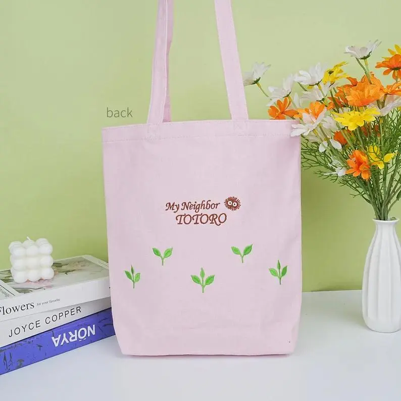 Pink Canvas Tote Bag - Lightweight & Reusable Shoulder Bag for Shopping & Beach - Handmade Gifts for Hayao Miyazaki Fans,Valentine's Day