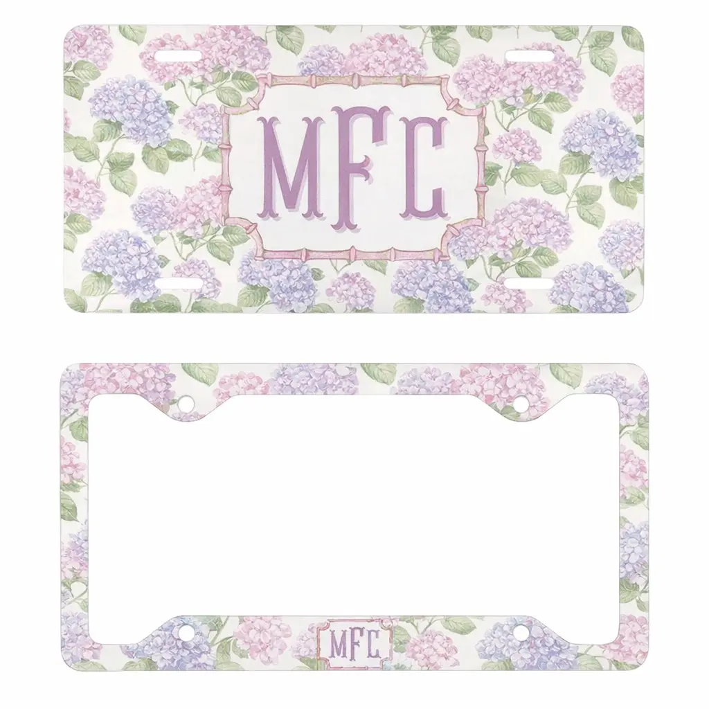 Coquette Hydrangea License Plate & Frame, Personalized Monogram Car Tag, Soft Pastel Floral Aesthetic, Cute Girly Custom Plate Gift