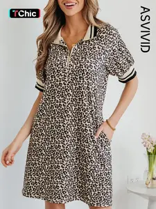 Women's Casual Leopard Print Zip Neck Striped Webbing Patchwork Mini Dress, Short Sleeve T-Shirt Dress, Pocket Design, Fashionable Summer