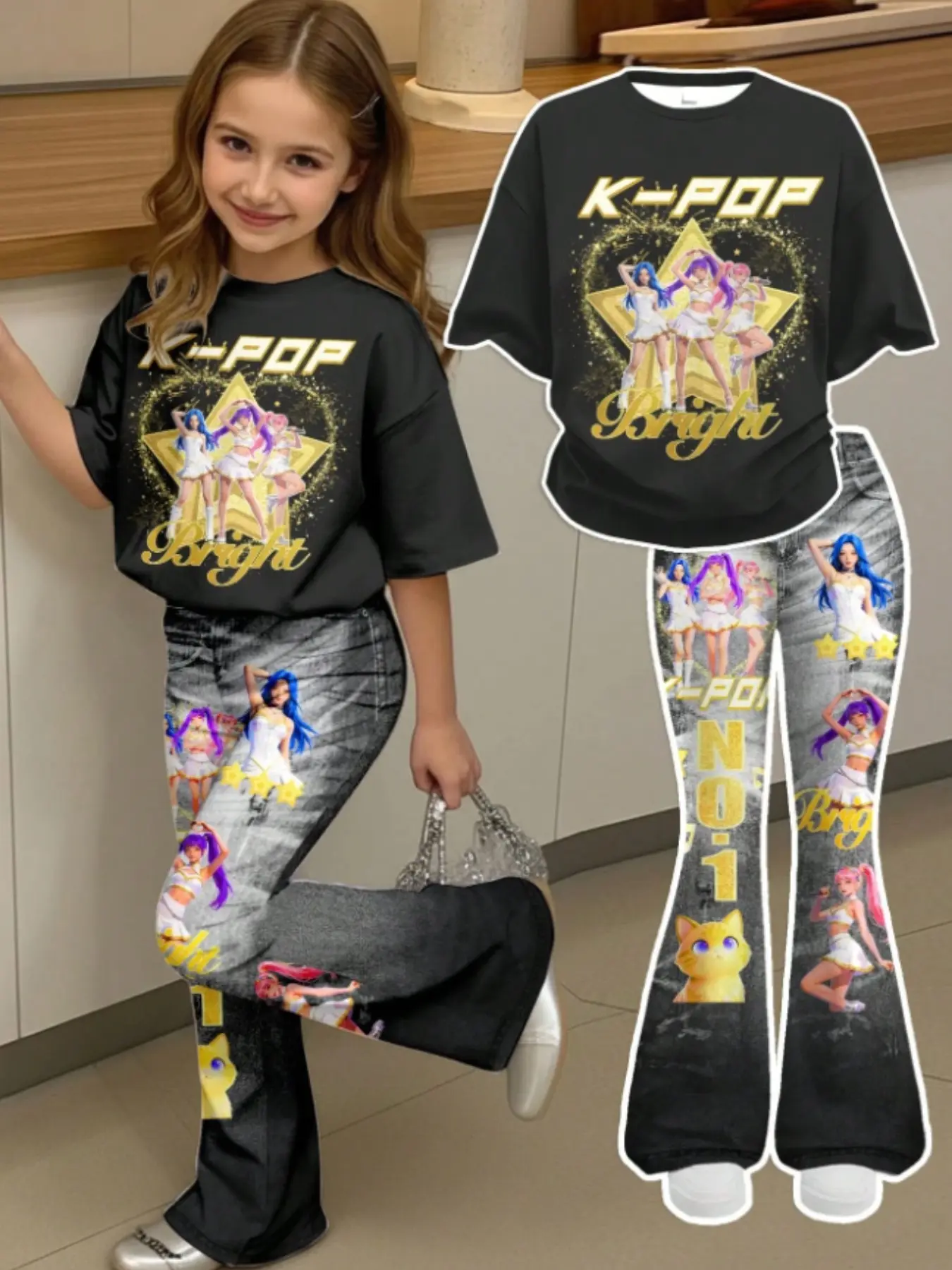 Vintage Cute 3D Digital Denim Print Set, Girls Casual Short Sleeve T-Shirt and Pants Two-Piece, Y2K Trendy Style, All Seasons, Casual Fashion Set