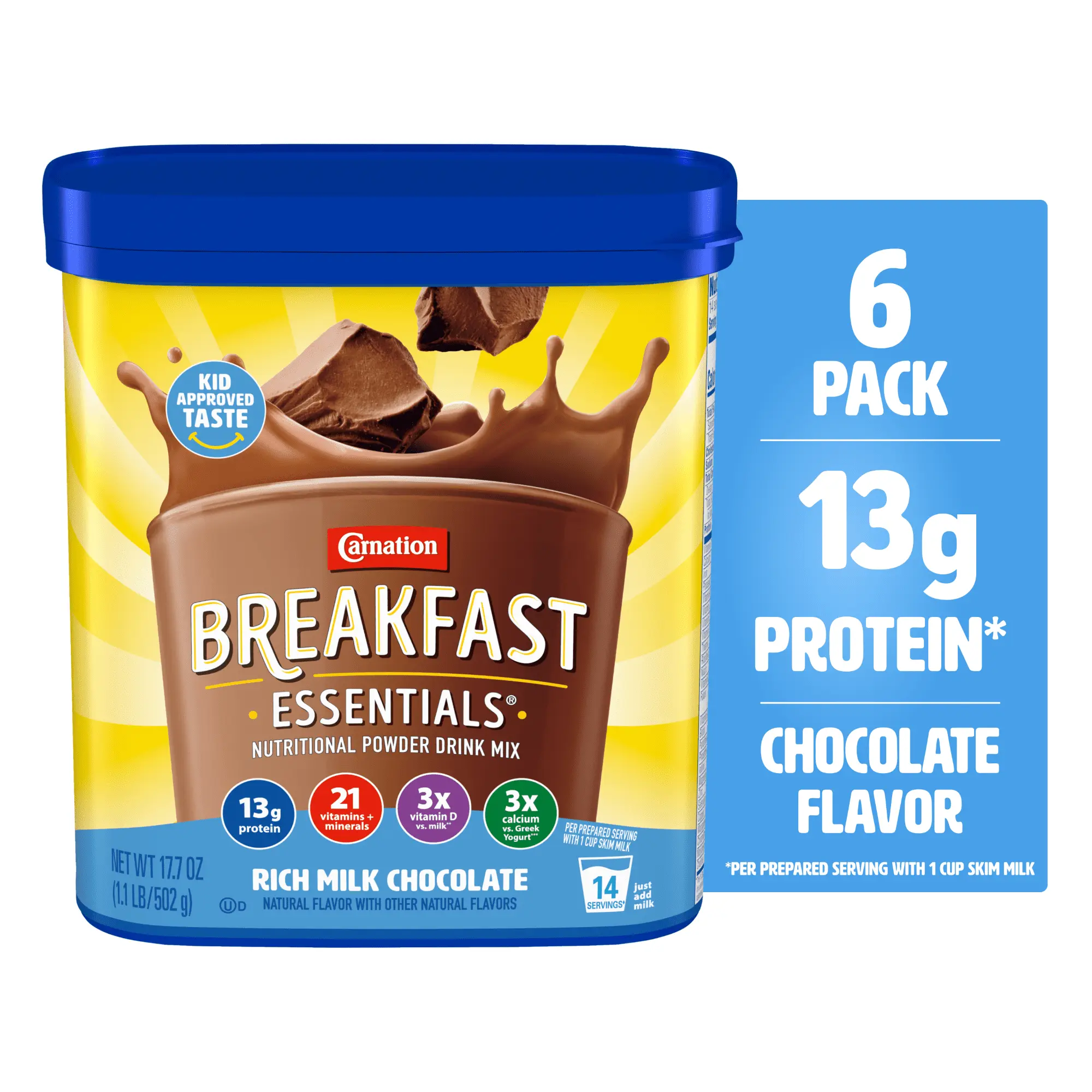(6 pack) Carnation Breakfast Essentials Rich Milk Chocolate Protein Shake Mix, 6 Pack, 17.7 oz Canister