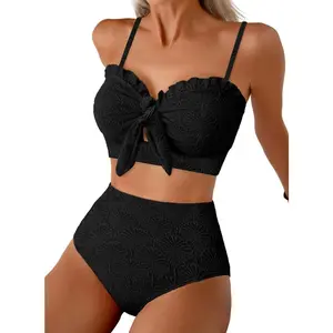 Women's Seashell Textured Bikini Sets Knotted Front 2 Piece Swimsuits Ruffle Trim Bathing Suits