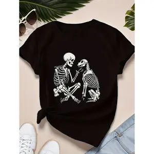Lady Pattern Skull Print T-Shirt | Comfortable casual crew-neck T-shirt, featuring human and dog skull designs, short sleeves, black color, machine washable, suitable for all seasons, retro style, regular fit