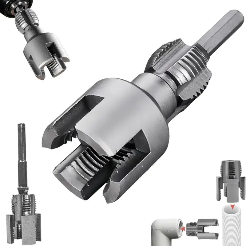 PVC Pipe Thread Cutting Tool - Dual-Function Alloy Steel Head, US 1/2"-3/4" Integrated Internal-External Drill Shank Mount, Industrial-Grade Durability, for Plumbing DIY, Plastic Pipes, Improves Flow Rates