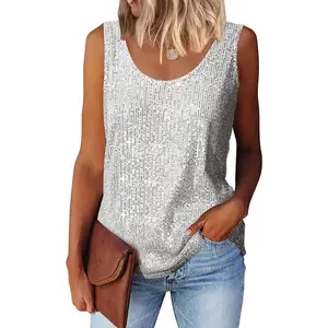 Womens Summer Fashion Sequin Tops Scoop Neck Sequin Sparkle Shimmer Sleeveless Tanks Tops Blouses