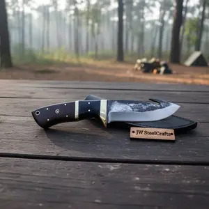 JW SteelCrafts Fixed-Blade Gut Hook Knife, Wood-and-Brass Handle for Camping & Hiking