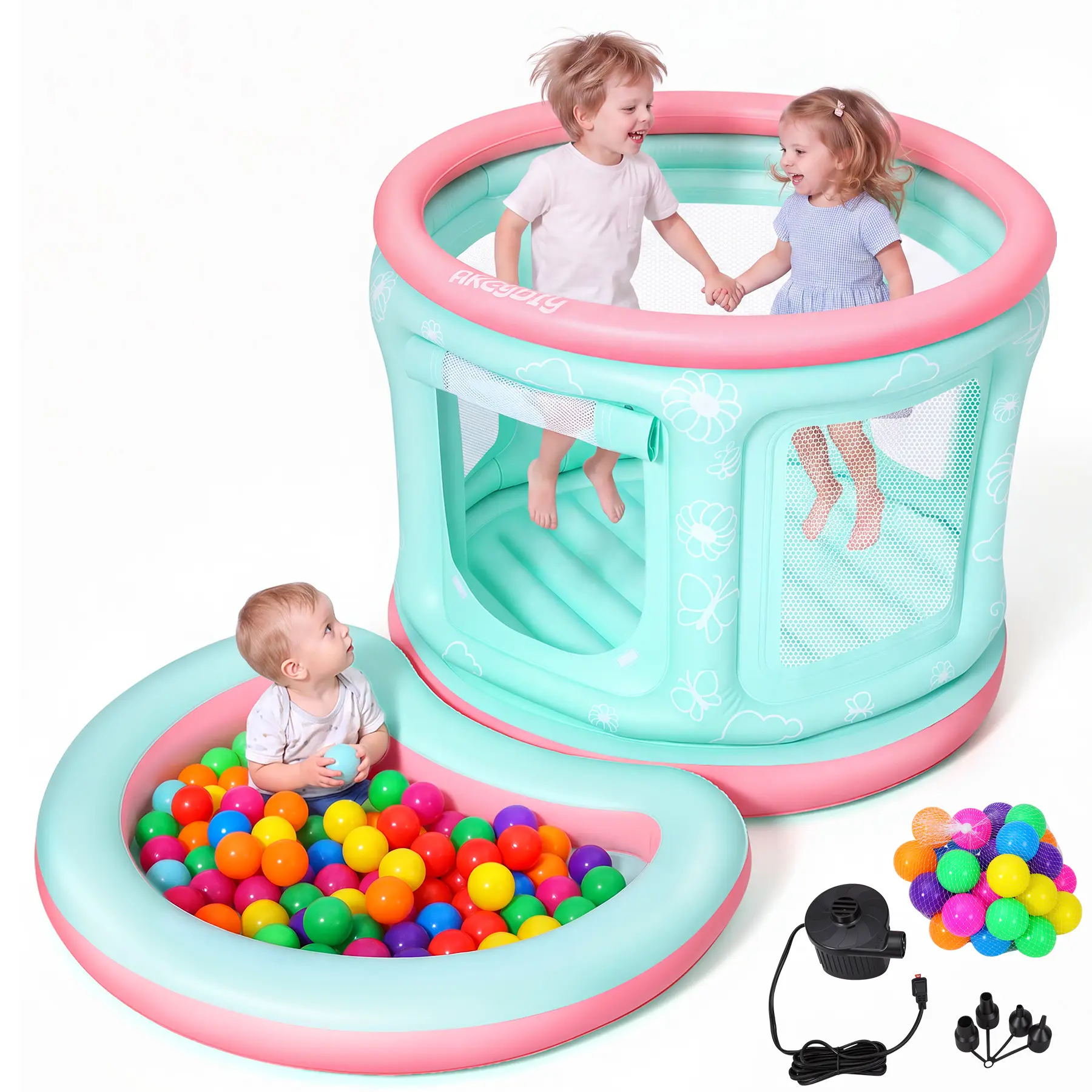 AKEYDIY Small Indoor Toddler Bounce House for 1–3 Years, Kids Toys with Safety Net, Durable PVC Inflatable Playhouse, Electric Pump, 30 Ocean Balls, Indoor-Outdoor Play Yard, Birthday/Christmas Gifts