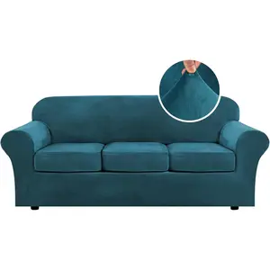 Velvet Plush 4 Piece High Stretch Sofa Slipcover Sofa Cover Furniture Protector Form Fit Luxury Thick Velvet Sofa Cover for 3 Cushion Couch Width Up to 90 Inch (Sofa,Deep Teal)