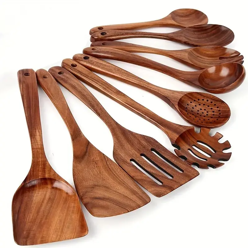 Teak Wood Kitchen Utensils Set, Natural Wood, Non-Stick Pot Friendly ...
