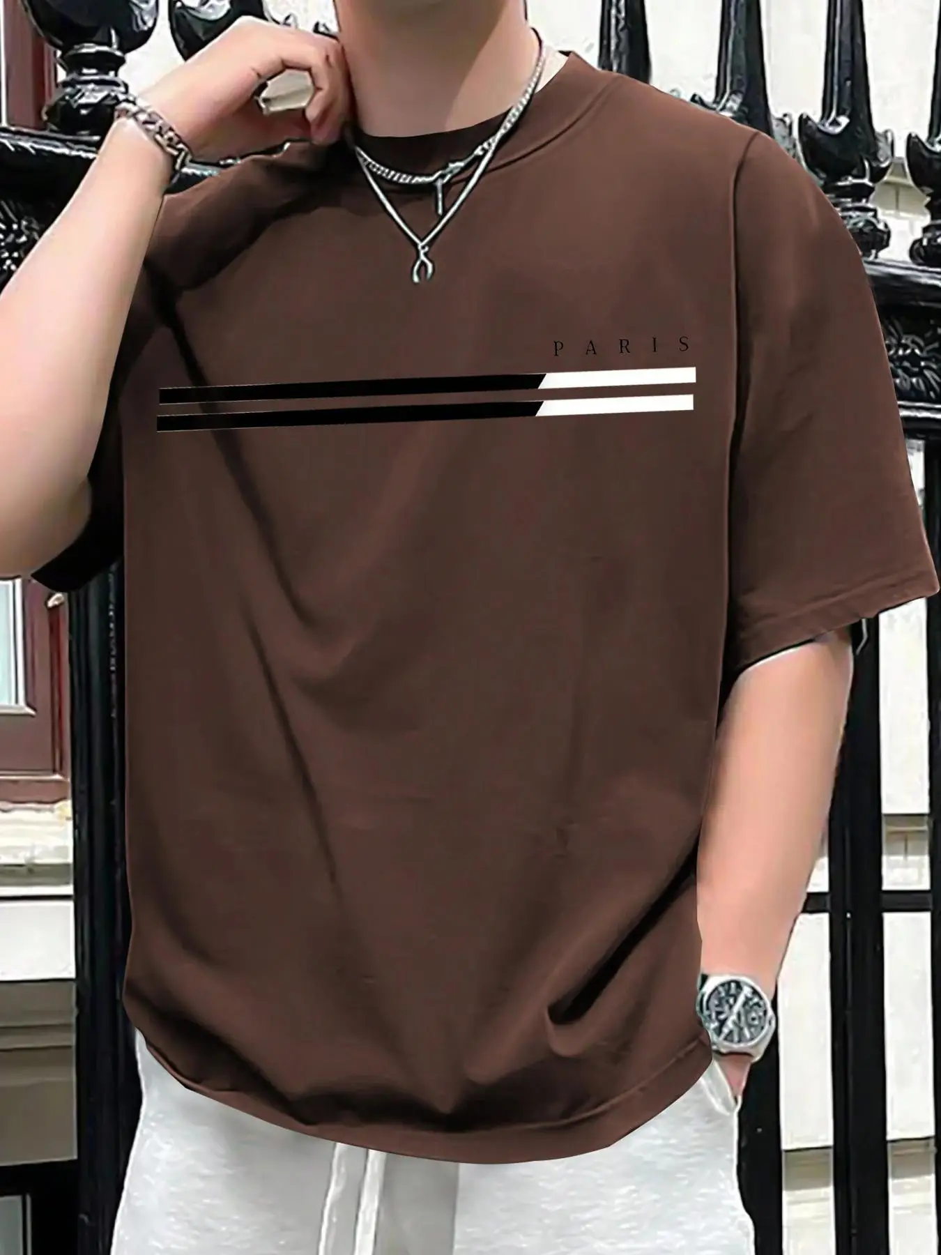 Men's Regular Fit Striped & Letter Print Round Neck Tee, Casual Short Sleeve Crew Neck T-Shirt for Summer, Fashion Men's Top for Daily Wear