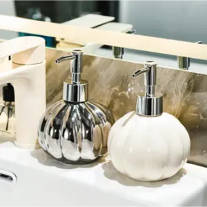 Qin's Home Elegant Pumpkin Shape Ceramic Soap Dispenser 12oz Refillable Bathroom Kitchen Decor Hand Soap Body Wash Halloween