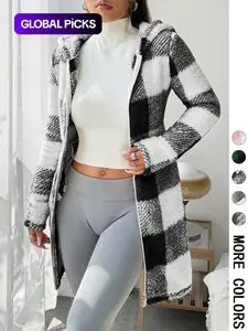 Women's  Plaid Fleece Hooded Fitted Coat, Fitted Casual Outerwear, Soft Fluffy Fleece Fabric & Full Zip Closure & Hooded Design & Mid-Length Silhouette & Multiple Color Options，Valentine，1pc