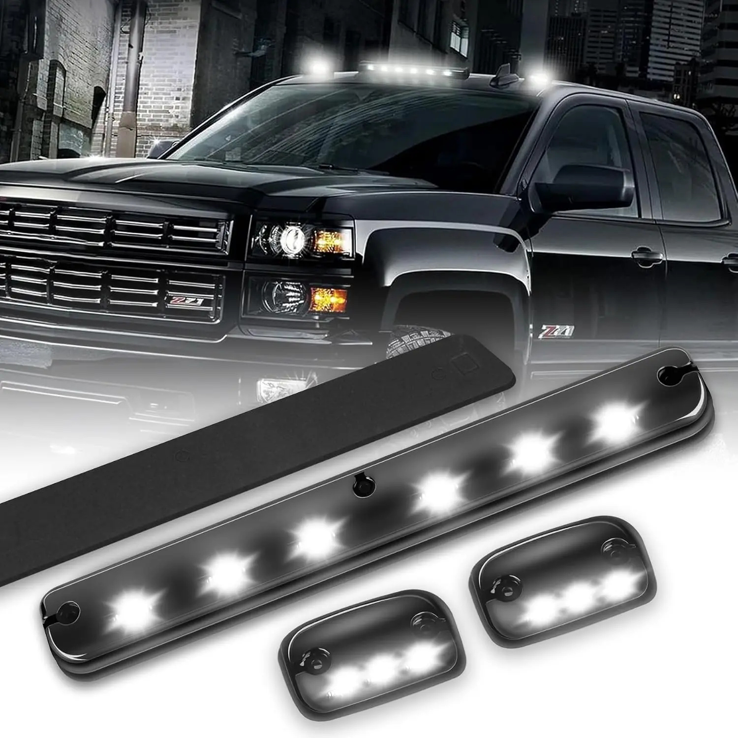 3X 12V LED Cab Maker Roof Clearance Running Lights, Smoke Lens Smoke Finish, White Light for Silverado/Sierra Pickup Trucks 1500 2500 2500HD 3500 3500HD (2007-2013, 2014), 12V Input