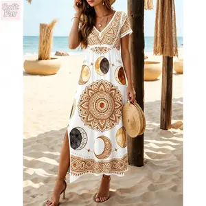 SoftFav 2026 Must-wear by the sea 🔥       Feather Printed V-neck Dress for Women, Summer Short Sleeve Dress-POD